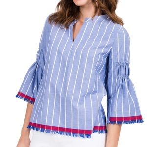 Le Sarte‎ Pettegole Blouse with Trumpet Arm in Blue /White with Fringe Trim